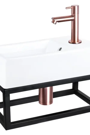 Réduction Differnz Force kit lave-mains - 40x22x11.5cm - Rectangulaire - 1 trou de robinet - Robinet rose cuivre droit - avec cadre noir - Céramique blanche