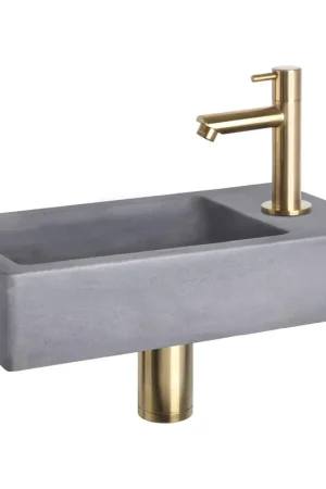 Vente Directe Differnz Force kit lave-mains - 40x22x8cm - Rectangulaire - 1 trou de robinet - Robinet droit doré mat - Béton Gris