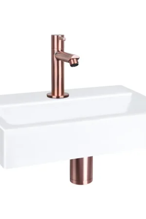 Top Vente Differnz Flat kit lave-mains - 38x24x8cm - Rectangulaire - 1 trou de robinet - Robinet rose en cuivre droit - Céramique blanche