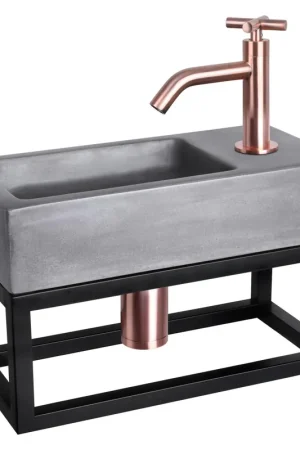Top Vente Differnz Ravo kit lave-mains - 38.5x18.5x25cm - Rectangulaire - 1 trou de robinet - Robinet en cuivre rose courbé - avec cadre noir - poignée croix - béton gris foncé