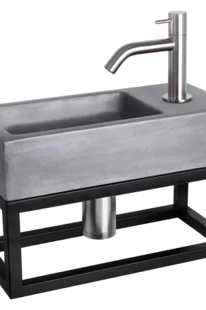 Top Vente Differnz Ravo kit lave-mains - 38.5x18.5x25cm - Rectangulaire - 1 trou de robinet - Robinet courbé en chrome mat - avec cadre noir - béton gris foncé