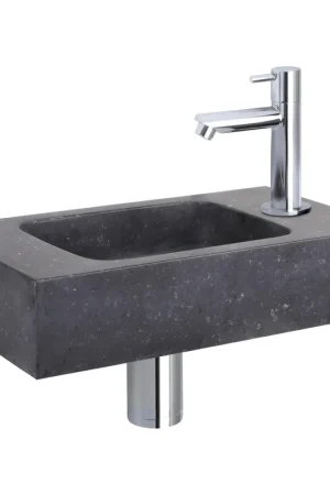 Acheter En Ligne Differnz Force kit lave-mains - 40x22x9cm - Rectangulaire - 1 trou de robinet - Robinet chromé droit - Pierre naturelle noire