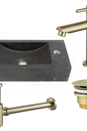 Saniclass Fuente ensemble fontaine - 40x22 - 1 trou de robinet - droite - pierre naturelle - robinet fontaine Laiton brossé PVD (Or) - foncé Affaire À Saisir