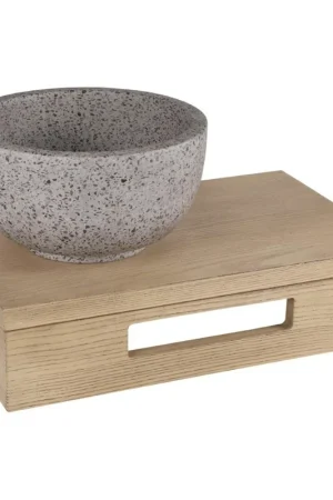 Vente Directe Differnz ensemble lave-mains - 40x21x10cm - Rectangulaire - 0 trous de robinet - vasque en terrazzo gris/grossier - Bois chêne clair