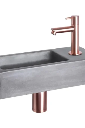 Solde Differnz Ravo kit lave-mains - 38.5x18.5x9cm - Rectangulaire - 1 trou de robinet - Robinet en cuivre droit - béton gris foncé