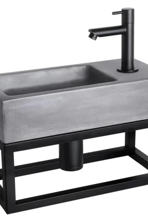 Affaire À Saisir Differnz Ravo kit lave-mains - 38.5x18.5x25cm - Rectangulaire - 1 trou de robinet - Robinet droit noir mat - avec cadre noir - béton gris foncé