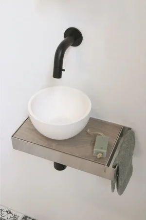 Soldes Ink Jazz XS meuble WC cadre inox plateau chêne Greige vasque à gauche polystone 20cm blanc mat