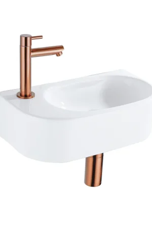 Quantité Limitée QeramiQ Fuente Ensemble lave-mains - 40x21,5x12cm - gauche - lisse - semi-circulaire - 1 trou de robinet - céramique - robinet de lave-mains cuivre brossé - bonde - siphon abaissé - blanc brillant
