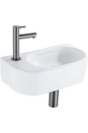Achetez Aujourd'hui QeramiQ Fuente Ensemble de lavabo - 40x21.5x12cm - gauche - lisse - demi-rond - 1 trou de robinet - céramique - robinet de lave-mains gunmetal - bouchon de vidange - siphon abaissé - blanc brillant