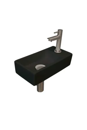 Achat Immédiat INK Versus Pack lave-mains 36x18x9cm 1 trou de robinet droite Noir mat avec robinet, siphon et bonde Nickel brossé