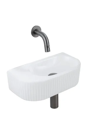 Acheter Direct QeramiQ Fuente Ensemble de Lavabo - 40x21.5x12cm - strié - demi-rond - céramique - ensemble de robinet gunmetal - bouchon de vidange - siphon abaissé - blanc brillant