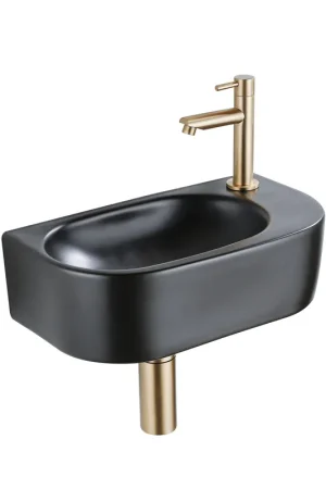 Achat Immédiat QeramiQ Fuente Ensemble lave-mains - 40x21.5x12cm - droite - lisse - semi-circulaire - 1 trou de robinet - céramique - robinet de lave-mains laiton brossé - bouchon de vidage - siphon abaissé - noir mat