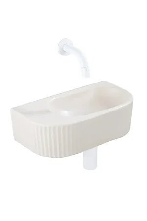 Achetez Aujourd'hui QeramiQ Fuente Ensemble de Lavabo - 40x21.5x12cm - strié - demi-rond - sans trou pour robinet - céramique - ensemble de robinet blanc mat - bouchon de vidange - siphon abaissé - beige
