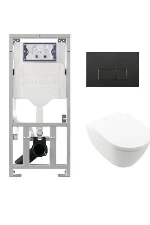 Villeroy & Boch Subway 2.0 WC suspendu - 56cm - avec réservoir encastré Geberit UP320 - avec abattant de WC Saniclass - plaque de commande QeramiQ Push - boutons rectangulaires - noir mat Produit De Marque