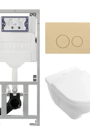 Villeroy & Boch O.novo ensemble WC avec réservoir encastré Geberit avec cuvette suspendue à chasse profonde blanc abattant soft close et plaque de commande beige avec boutons ronds blanc Prix Promo