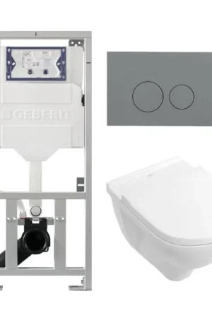 Authentique Villeroy & Boch O.novo ensemble WC avec réservoir encastré Geberit avec cuvette suspendue à chasse profonde blanc abattant softclose et plaque de commande gris clair avec boutons ronds blanc