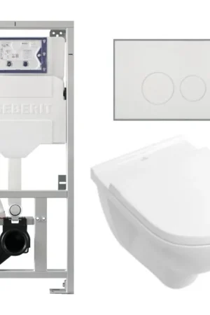 Villeroy & Boch O.novo set de toilettes avec réservoir de chasse encastré Geberit avec cuvette suspendue à évacuation profonde blanche, abattant softclose et plaque de commande à boutons ronds blanche Produit De Marque