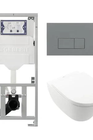 Expédition Rapide Villeroy Boch Subway 2.0 DirectFlush Pack WC suspendu - abattant softclose - bâti-support Geberit - QeramiQ plaque de commande gris clair - boutons rectangulaires - blanc
