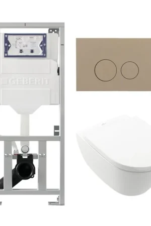 Villeroy & Boch Subway 2.0 DirectFlush Pack WC suspendu - bâti-support Geberit - abattant softclose - plaque de commande QeramiQ taupe - boutons ronds - blanc Meilleur Prix