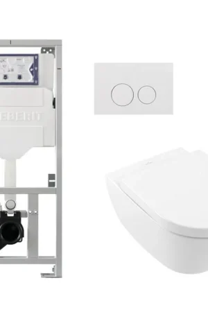 Villeroy & Boch Subway 2.0 DirectFlush Pack WC avec abattant de luxe softclose Saniclass, réservoir Geberit et plaque de commande QeramiQ avec boutons ronds blanc Petit Prix