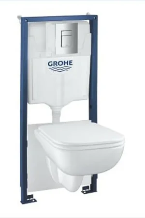 Achat Immédiat Grohe Start Edge Pack WC avec réservoir encastrable - plaque de commande DualFlush - WC suspendu à fond creux - abattant avec couvercle frein de chute - Bleu/blanc