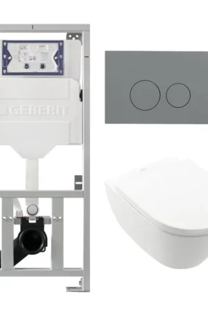 Acheter Direct Villeroy & Boch Subway 2.0 DirectFlush Pack WC suspendu - bâti-support Geberit - abattant - plaque de commande gris clair - boutons ronds - blanc