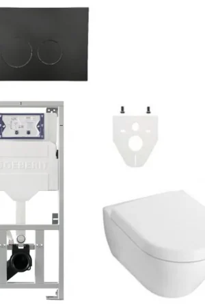 Ensemble de toilettes à chasse directe villeroy and boch avec réservoir de chasse geberit et plaque de commande avec boutons ronds abattant à fermeture progressive noir mat Acheter En Ligne