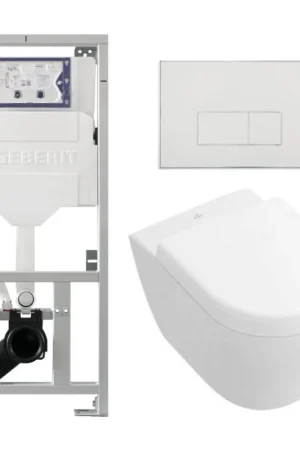 Ensemble de toilettes compactes à chasse directe de villeroy and boch avec réservoir de chasse geberit et softclose avec siège à fermeture rapide et plaque de commande avec boutons rectangulaires blanc Prix Promo