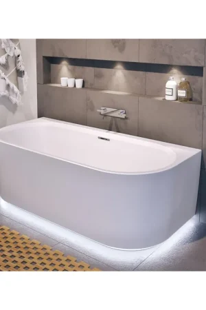 Achat Immédiat Baignoire Riho Desire semi-îlot semi-îlot avec trop-plein 180x84cm avec siphon avec plinthe LED Brillant Blanc