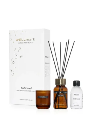 Expédié Aujourd'hui Wellmark coffret cadeau bâtonnets parfumés en bougie - cèdre - ambre - 220 g - 200 ml - texte just relax en smells like home
