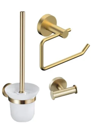 Vente Directe Fortifura Calvi Pack WC 3 pièces - porte-rouleau sans couvercle - brosse de toilette - crochet à serviette double rond - Laiton brossé PVD (Or)