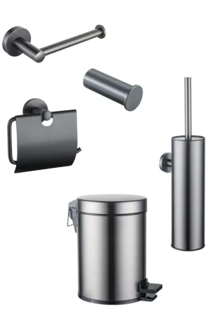 Commander Vite Fortifura Calvi Toiletset 5-delig - toiletrolhouder - reserverolhouder - toiletborstelhouder - handdoekhaak - pedaalemmer - Geborsteld Gunmetal PVD