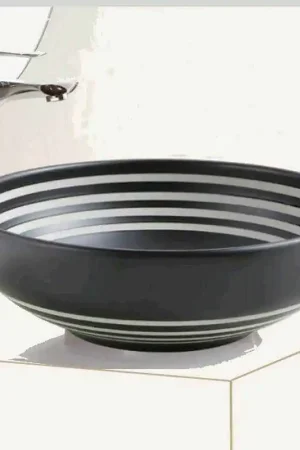 Vasque à Poser Ronde Céramique Noire rainurée Blanc 40,5cm - Chromatic Promotion