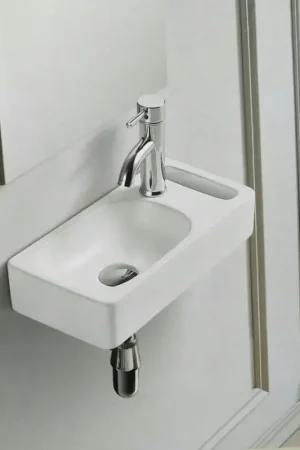 Lave main Rectangle 44 cm avec Porte serviette Céramique Blanc- Pratic Satisfait Ou Remboursé