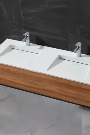 Vente Flash Lavabo double vasque à Encastrer Solid surface Blanc mat 120x50cm -Duo