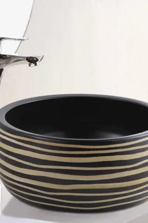 Expédié Aujourd'hui Vasque à Poser Ronde Céramique rainurée Noir et Caramel 40 cm – Etnic
