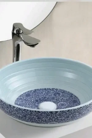 Super Prix Vasque à Poser Ronde - Céramique Blanc et Bleu - 41 cm - Vintage