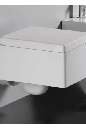 WC Suspendu Rectangle avec Abattant - Céramique Blanc - 52x39 cm -Kube Réduction