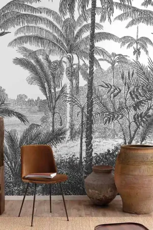 Quantité Limitée Papier peint panoramique intissé jungle noir et blanc L 159 cm x H 280 cm