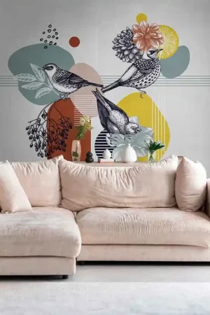 Dernière Chance Papier peint panoramique intissé oiseaux blanc 371L x 280H cm
