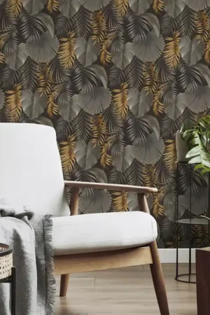 Papier peint intissé tropicale noir et doré Dernier Modèle