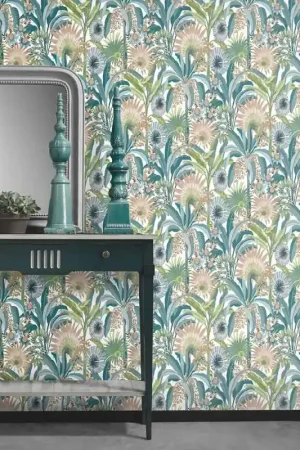 Papier peint intissé d‘inspiration exotique jungle bleu Nouveauté