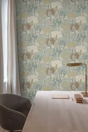 Papier peint intissé inspiration tropical végétal ton vert et beige Commander Vite
