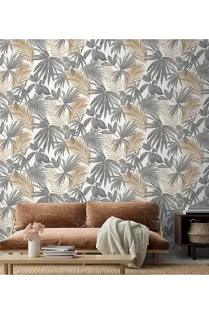 Meilleur Choix Papier peint intissé lessivable palme gris et doré
