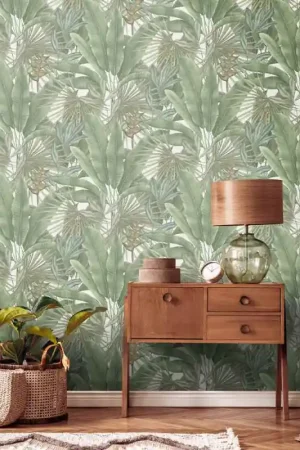 Papier peint intissé tropical palmiers vert GRANDECO Affaire À Saisir
