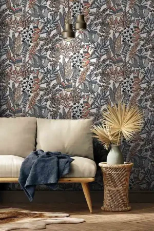 Papier peint intissé d‘inspiration végétal bleu et orange Solde
