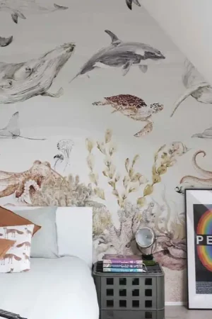 Meilleur Choix Papier peint panoramique intissé vie marine à l‘aquarelle L159 x 280H cm