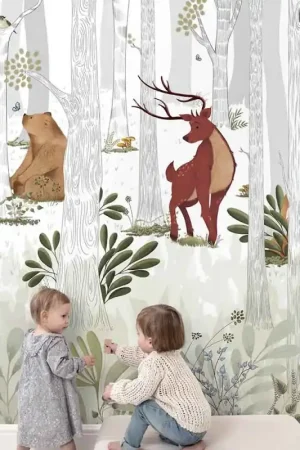 Satisfait Ou Remboursé Papier peint panoramique intissé forêt d‘animaux beige L159 x 280H cm