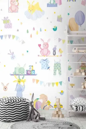 Papier peint panoramique en vinyl sur intissé Lapin multicolore 371 H x 280 L cm Prix Réduit