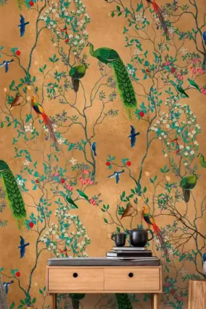 Papier peint panoramique oiseaux d‘Asie orange L159 x 280H cm Nouvelle Collection